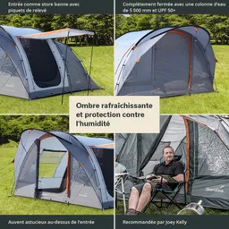 Zelt in grauer Farbe mit orangen Akzenten auf einer Wiese. Verschiedene Ansichten zeigen die Eingänge und eine Person, die entspannt sitzt.