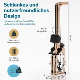 Fitnessgerät mit einem schlanken Design, höhenverstellbaren Standfüßen, gummierten Transportrollen und einem 134 cm langen Rail. Max. Benutzergewicht 180 kg, max. Körpergröße 200 cm. Produktgewicht 30 kg.