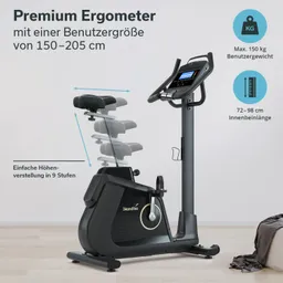 Ergometer mit einstellbarem Sitzbereich, max. Benutzergewicht 150 kg. Höhenverstellbar in 9 Stufen. Moderner Bildschirm.