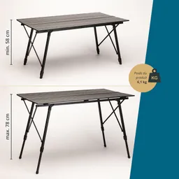 Klappbarer Tisch mit verstellbarer Höhe (58 cm bis 78 cm) und einem Gewicht von 6,1 kg, in neutralem Hintergrund.