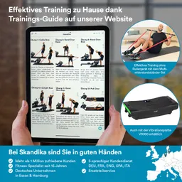 Tablet mit Trainingsanleitungen für Übungen, darunter Cable Row und Upright Row, neben einer Vibrierenplatte.