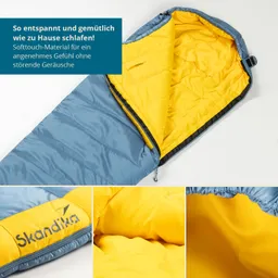 Schlafsack in Blau und Gelb, geöffnet, mit glattem Material und gepolstertem Innenfutter. Logo „Skandika“ sichtbar.