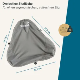 Dreieckige Sitzfläche in Grau mit Maßen von 37,5 cm. Textinformationen zu ergonomischem Sitzen und Benutzergewicht von 100 kg.
