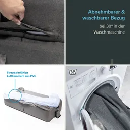 Grauer Bezug mit Reißverschluss, abnehmbar und waschbar. PVC-Luftkammern, Waschmaschine mit 30°-Symbol.