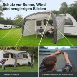Zelt mit abnehmbaren Wänden vor einem Wohnwagen, zwei Personen sitzen auf Stühlen, ein weiterer Mensch montiert eine Wand.