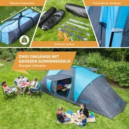 Zelt in grau und blau mit zwei Eingängen und großen Sonnensegeln. Ausrüstung auf dem Rasen, einschließlich Gestänge und Seilen.