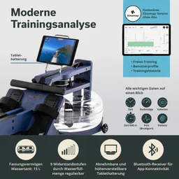 Wassertretgerät mit Tablet-Halterung und digitalen Anzeigen. Informationen zu Training, Zeit, Ruderschlägen, Kalorien und Puls.