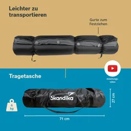 Schwarze Tragetasche für Transport, länglich und mit Gurten zum Festziehen. Maße: 71 cm x 27 cm, Gewicht: 6 kg.