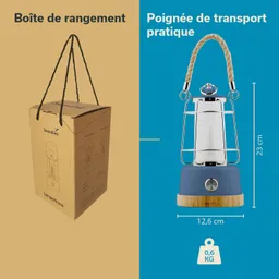 Verpackungsbox mit einem Hängedraht und einer Lampe daneben. Lampe hat einen blauen Sockel und vom Design her eine klassische Form.