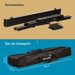 Schwarzes Transportzubehör und eine Tasche mit Maßen. Oben sind ausgeklappte Teile, unten die Tragetasche mit Logo.