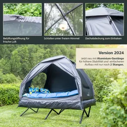 Zelt mit Aluminiumgestänge auf Wiese, Innenansicht mit Bett und bunten Kissen, darüber eine Dachabdeckung.