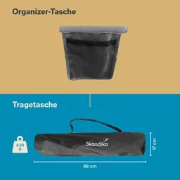 Organizer-Tasche oben in der Abbildung, darunter eine Tragetasche mit Maßen. Beide Taschen sind in unterschiedlichen Farben dargestellt.