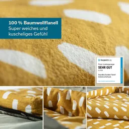 Gelbes Baumwollflanell mit weißen, unregelmäßigen Mustern. Textinformationen über das Material und die Qualität des Produkts.