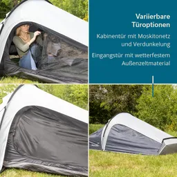 Zelt mit variierbaren Türoptionen, darunter eine Kabinentür mit Moskitonetz. Draußen ist Rasen und Bäume sichtbar.