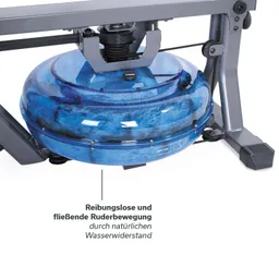 Wasserwiderstands-Rudergerät mit einem blauen, runden Wassertank und grauem Gestell. Text beschreibt die Ruderbewegung.