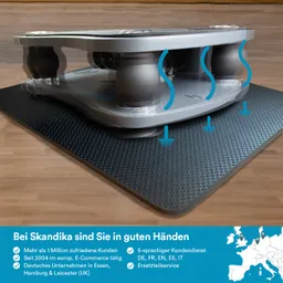 Ein Fitnessgerät mit einer abgerundeten Plattform steht auf einer strukturierten Matte. Darunter sind runde Füße erkennbar. Sicherungshinweise sind in Textform angegeben.