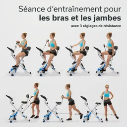 Fitnessgerät mit einer Person, die verschiedene Übungen für Arme und Beine ausführt, in sechs Bildern.