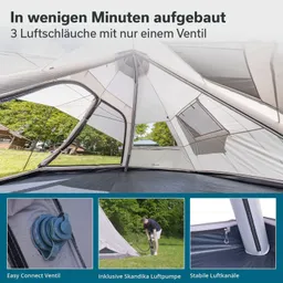 Innenansicht eines Zelt mit Luftschläuchen und Ventil. Teile der Zeltkonstruktion sind sichtbar, darunter ein Ventil.