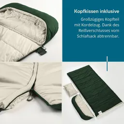 Grüner Schlafsack mit abtrennbarem Kopfteil, beige Innenauskleidung und einem kleinen Kopfkissen.