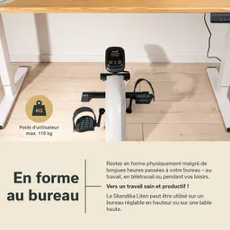 Sitzgeräte mit Pedalen unter einem Tisch, darauf ein digitales Display. Text über gesunde Arbeitsweise und Nutzungsmöglichkeiten.