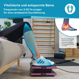 Eine Person sitzt auf einem Sofa mit einem Bein auf einem Gerät. Das Gerät hat eine pinke und schwarze Farbe. Darüber stehen Text und Grafiken zu Vitalisierung und Durchblutung der Beine. Im Hintergrund sind Möbel und Fitnessgeräte sichtbar.