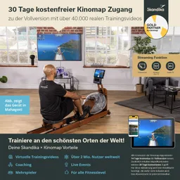 Eine Person sitzend auf einem Rudergerät in einem hellen Raum mit Fenstern, einem Fernseher im Hintergrund. Das Gerät ist aus Holz, mit einem Wassertank. Auf einem Bildschirm sind Trainingsvideos zu sehen.