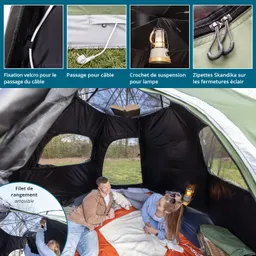 Innenansicht eines Zeltes mit zwei Personen, einem Buch, einer Lampe und einem gemütlichen Untergrund. Fenster sind sichtbar.