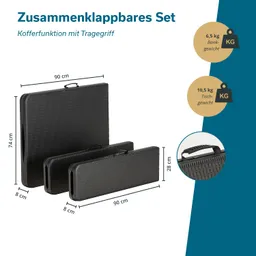 Zusammenklappbares Set aus drei schwarzen Koffern mit Abmessungen und Gewichtsangaben. Maße: 90 cm x 74 cm und 28 cm hoch.