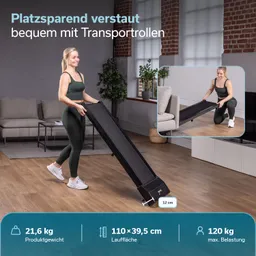 Eine Person trägt ein schwarzes Laufband. Der Raum hat große Fenster und eine Pflanzen dekoriert. Angaben zu Produktgewicht und Maßen sind abgebildet.