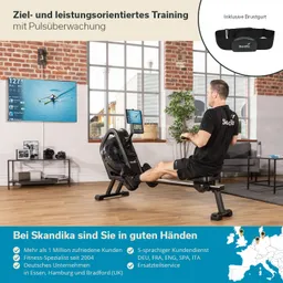 Person sitzt auf einem Rudergerät in einem modernen Raum. An der Wand ein Fernseher mit einem Grafikdisplay.