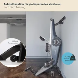 Fitnessgerät mit Wandmontage zur platzsparenden Aufbewahrung. Maße und Gewicht sind angegeben. Holzfußboden im Hintergrund.