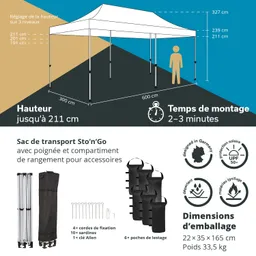 Ein faltbares Pavillon mit Höhenverstellung, Montagezeit, Transporttasche, Zubehör und Gewichtsangaben.