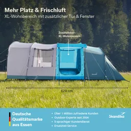 Zelt mit zwei Wohneinheiten: grauer und blauer Bereich, mit Fenstern und zusätzlicher Tür. Im Hintergrund Wald.