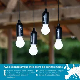 Hängende LED-Lampen mit schwarzen Fassungen, im Hintergrund unscharfer grüner Wald und ein blauer Untergrund mit Text.