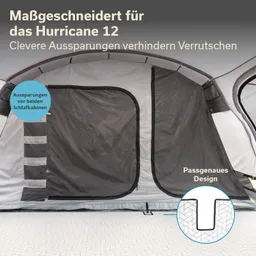 Zeltbeschreibung mit seitlichen Eingängen und speziellen Aushöhlungen, die ein Verrutschen verhindern, auf einem gemusterten Boden.