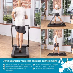 Person auf einem Laufband in einem gut beleuchteten Raum mit Fenstern, Holzfußboden und Pflanzen.