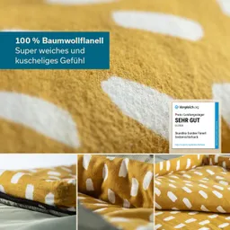 Baumwollflanell mit weißen Mustern auf gelber Oberfläche, zwei Ansichten des Stoffes und eine Bewertung „SEHR GUT“.