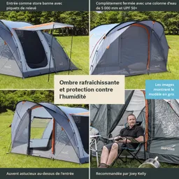 Zelt mit graublauer Außenplane, offene Vorderseite, grüne Wiese und Bäume im Hintergrund. Person sitzt entspannt in einem Stuhl.
