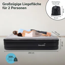 Luftmatratze mit zwei Personen darauf, umliegender Raum hell, Maße und Tragfähigkeit eingeblendet.