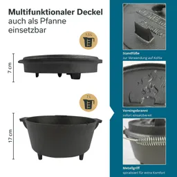 Multifunktionaler Deckel aus Gusseisen, einsetzbar als Pfanne. Abgebildet werden zwei Modelle: oben mit 1,5 L, unten mit 7 L. Maßangaben sind 7 cm und 17 cm. Zusatzfunktionen wie Standfüße und Metallgriff sind erwähnt.