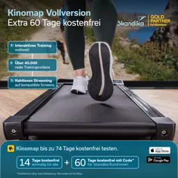 Ein Fuß einer Person auf einem Laufband, umgeben von Textinformationen über Kinomap, Trainingsvideos und Testangebote.