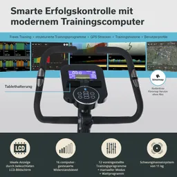 Ellipsentrainer mit LCD-Bildschirm und Tablet-Halterung, dargestellt mit verschiedenen Trainingsstatistiken im Hintergrund.