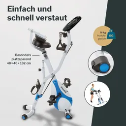 Fahrrad-Ergometer mit höhenverstellbarem Sitz und Pedalen, beschreibt platzsparende Maße und Gewicht in Text.