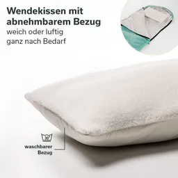 Wendekissen mit abnehmbarem Bezug in hellem Farbton, weich und luftig. Hinweis auf waschbaren Bezug bei 30°.