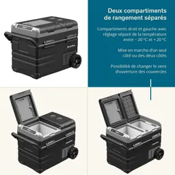 Kühlbox mit zwei separaten Fächern für Temperaturregelung, Rollen und Griff zum Transport, mehrere Öffnungsoptionen.