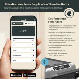 Smartphone mit der Skandika Routa App zeigt Temperaturregelung für Kühlschrank und Gefrierfach bei -16 °C.