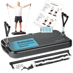 Kraftstation mit elektrischen Widerstand, einer Person, Zubehörteilen und Übungsanleitung im Hintergrund.