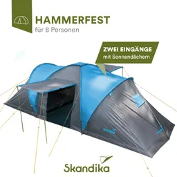 Zelt für 8 Personen in Blau und Grau mit zwei Eingängen und Sonnendächern, beschriftet mit "Hammerfest" und "Skandika".