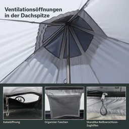 Zeltinnendach mit Ventilationsöffnungen in der Mitte. Unten sind zwei Taschen sichtbar: eine mit Reißverschluss und eine Organizer-Tasche.