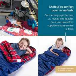Oben: Kind liegt auf einem karierten Schlafsack im Zelt, malt und trinkt aus einer Flasche. Unten links: Lächelndes Kind im Schlafsack. Unten rechts: Mädchen sitzt im Schlafsack und lächelt.